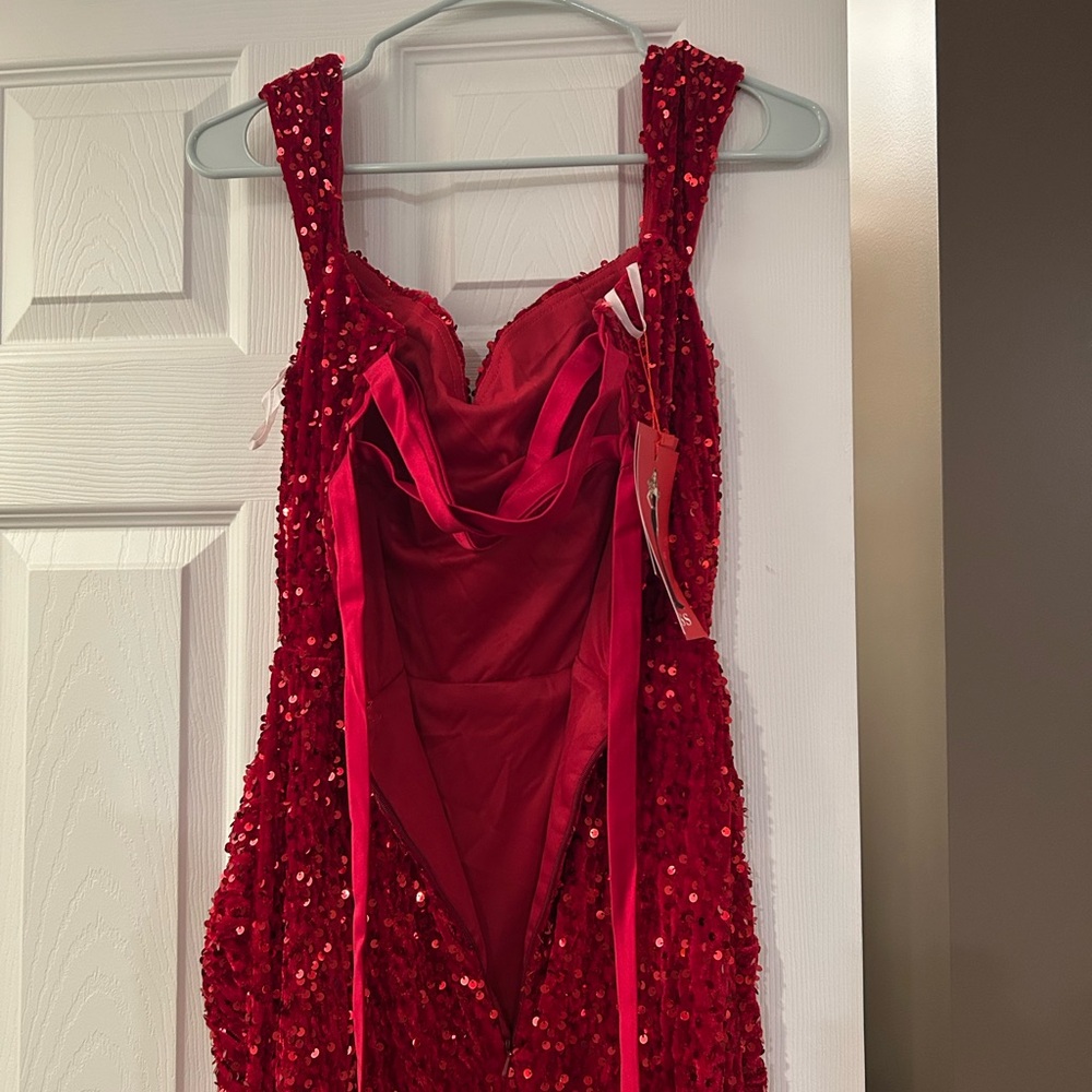 DARK RED OFF THE SHOULDER SEQUIN GOWN - Picture 10 of 14